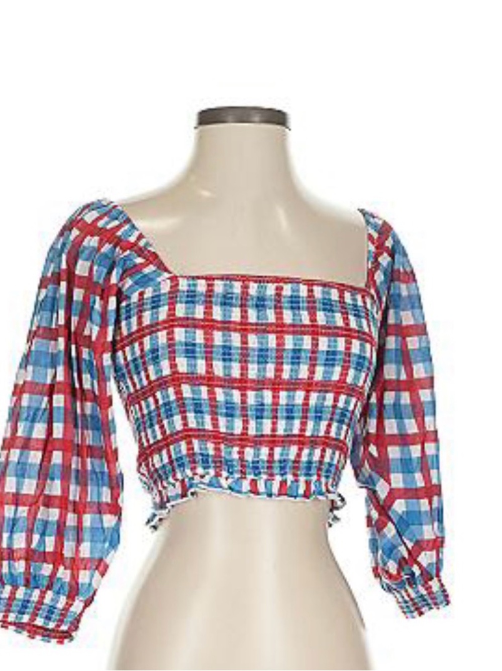 Antik Batik Plaid Smocked Puff Sleeve Crop Top XS 36